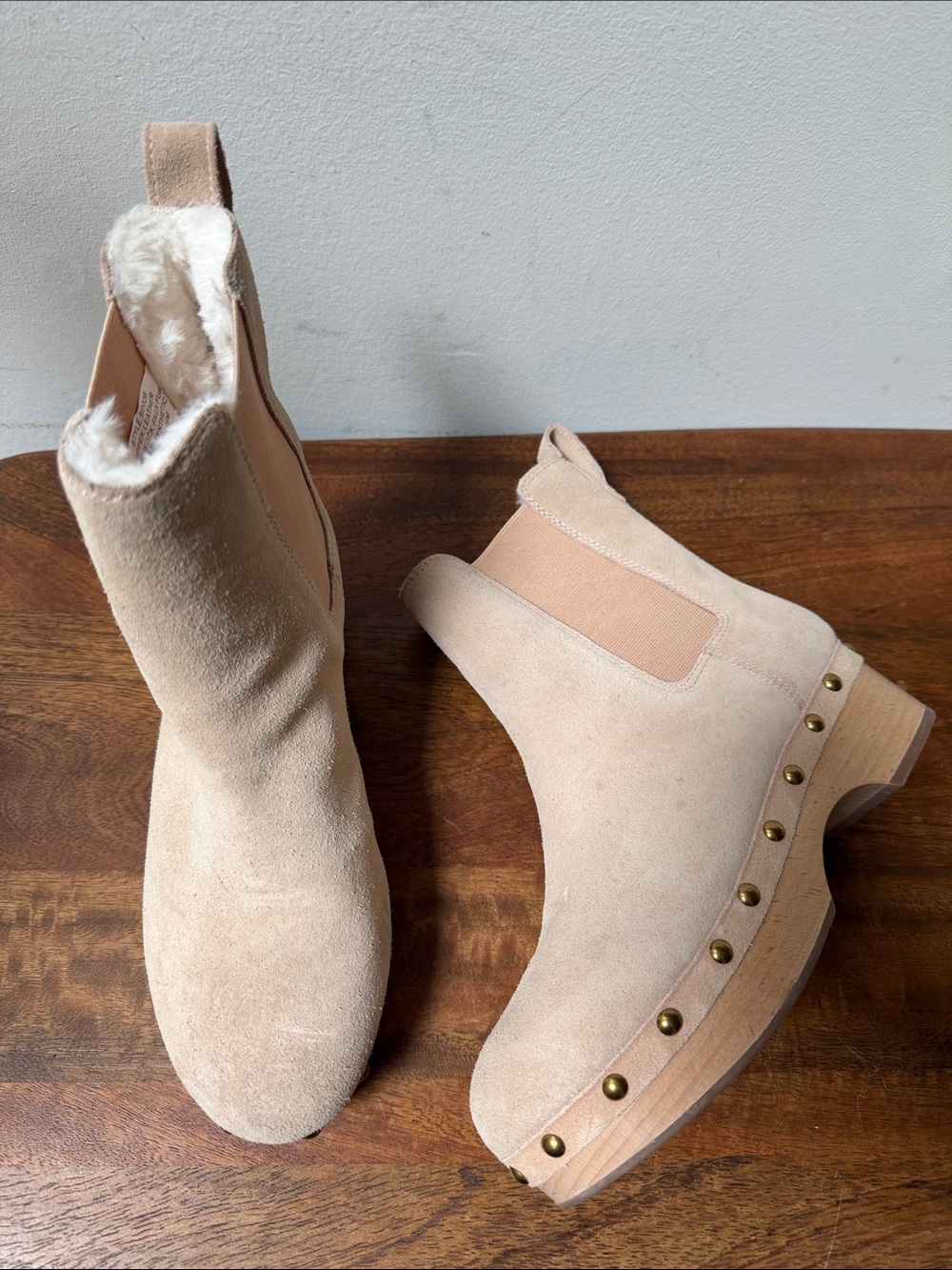J. Crew Fur Lined Suede Chelsea Clog Boots in Light Beige 6